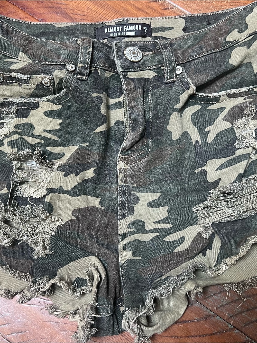 Almost Famous High-Rise Distressed Camo Shorts